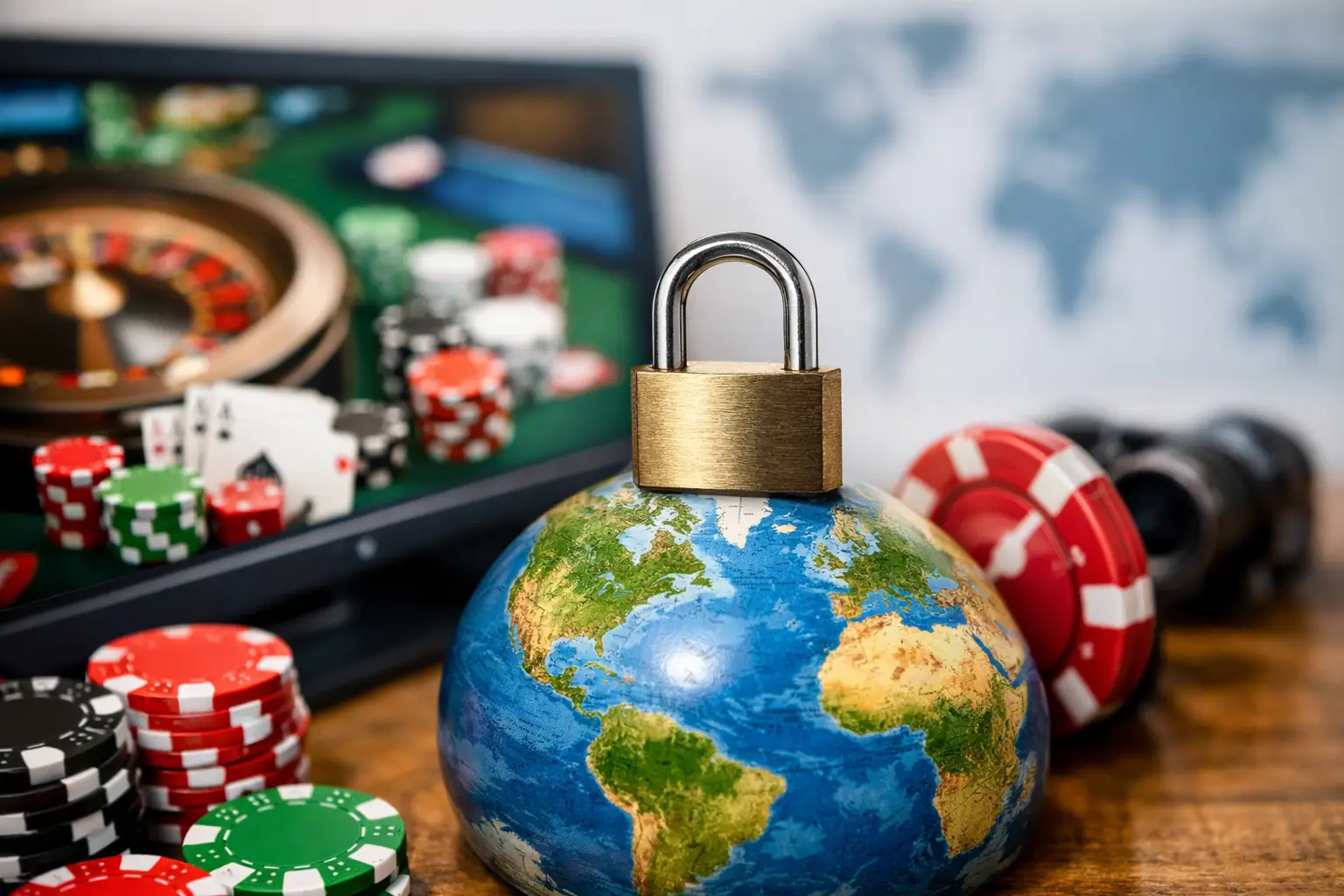 A conceptual image illustrating geo-restriction in online gambling, featuring a globe with a padlock on top, surrounded by casino chips, playing cards, and a roulette wheel displayed on a computer screen. A world map is visible in the background.