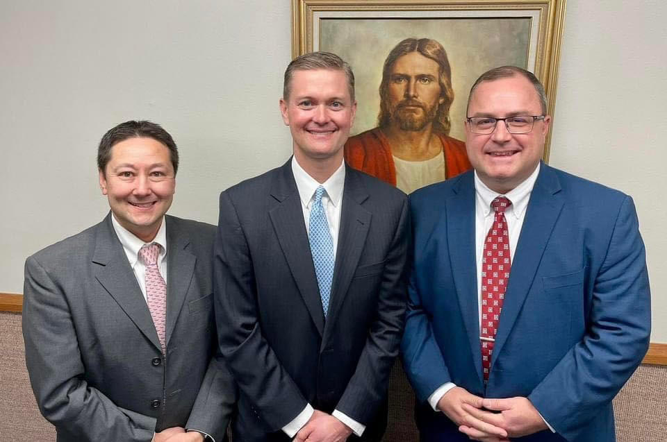 Eric D. Bednar (center), Jeremy P. Call (left), and Richard M. Clary (right), work together to watch over 9 congregations of The Church of Jesus Christ of Latter-day Saints, extending from Crestwood and La Grange to Frankfort, Carrollton, and Shelbyville in Kentucky, plus a congregation in Madison, Indiana.