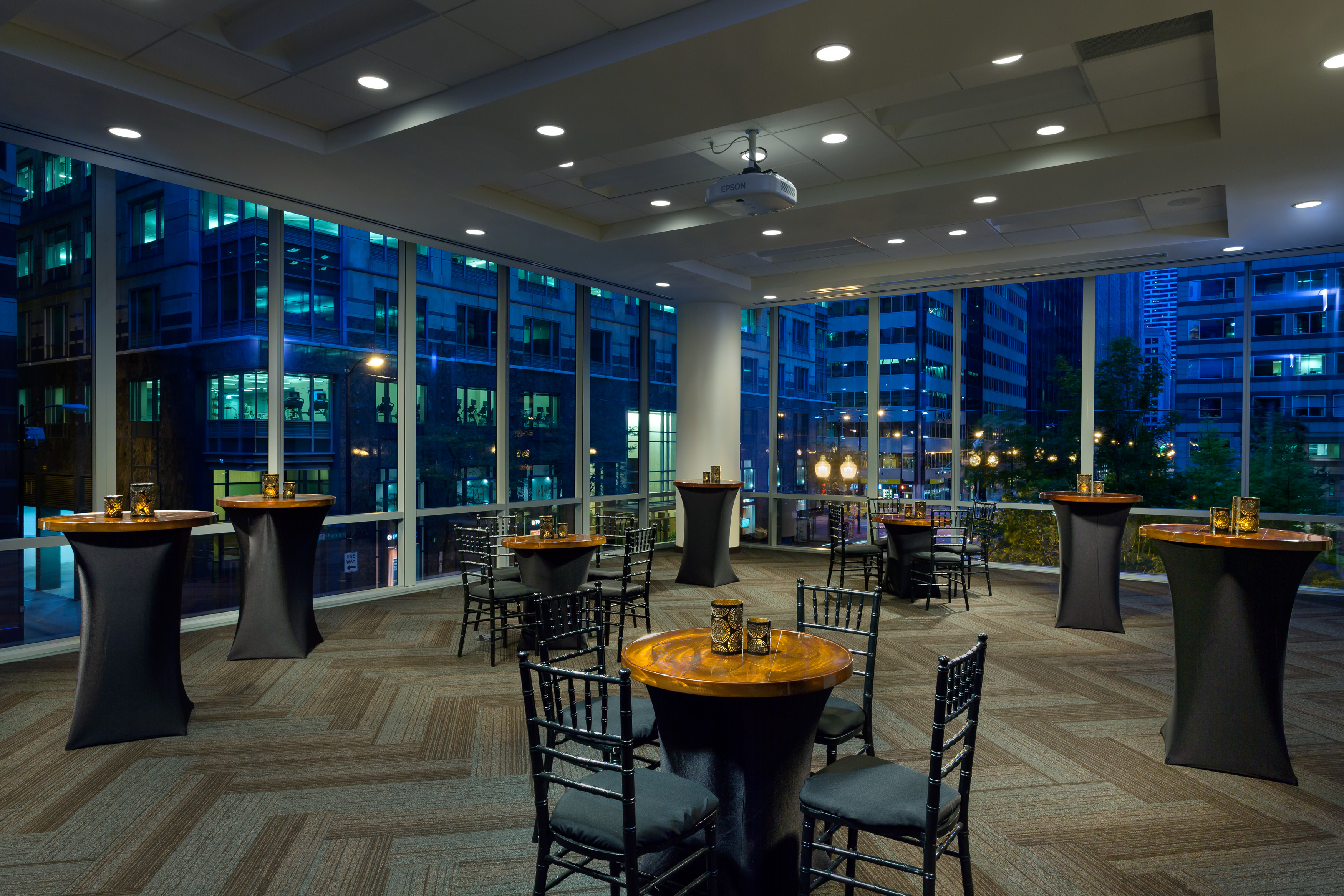 Host your next meeting or event within our 2,300 square feet of flexible, high-tech event space with floor to ceiling windows.
