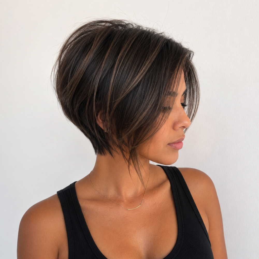 Modern asymmetrical women's haircut with dimensional partial highlights by the expert stylists at Av 
