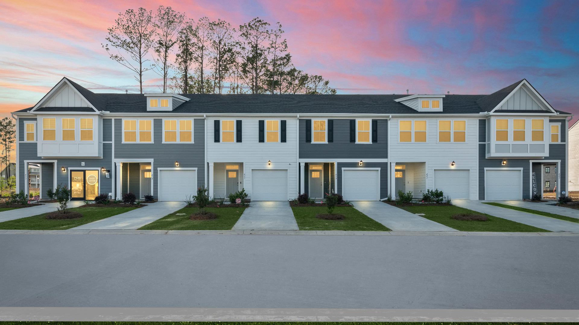 Row of six townhomes in the DRB Homes Boykins Run community