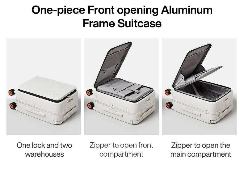 A white aluminum frame suitcase is shown in three different views. The first view shows the suitcase closed with "One lock and two warehouses" written below. The second view shows the front compartment of the suitcase open, with clothing inside, and "Zipper to open front compartment" written below. The third view shows the main compartment of the suitcase open, and "Zipper to open the main compartment" written below.