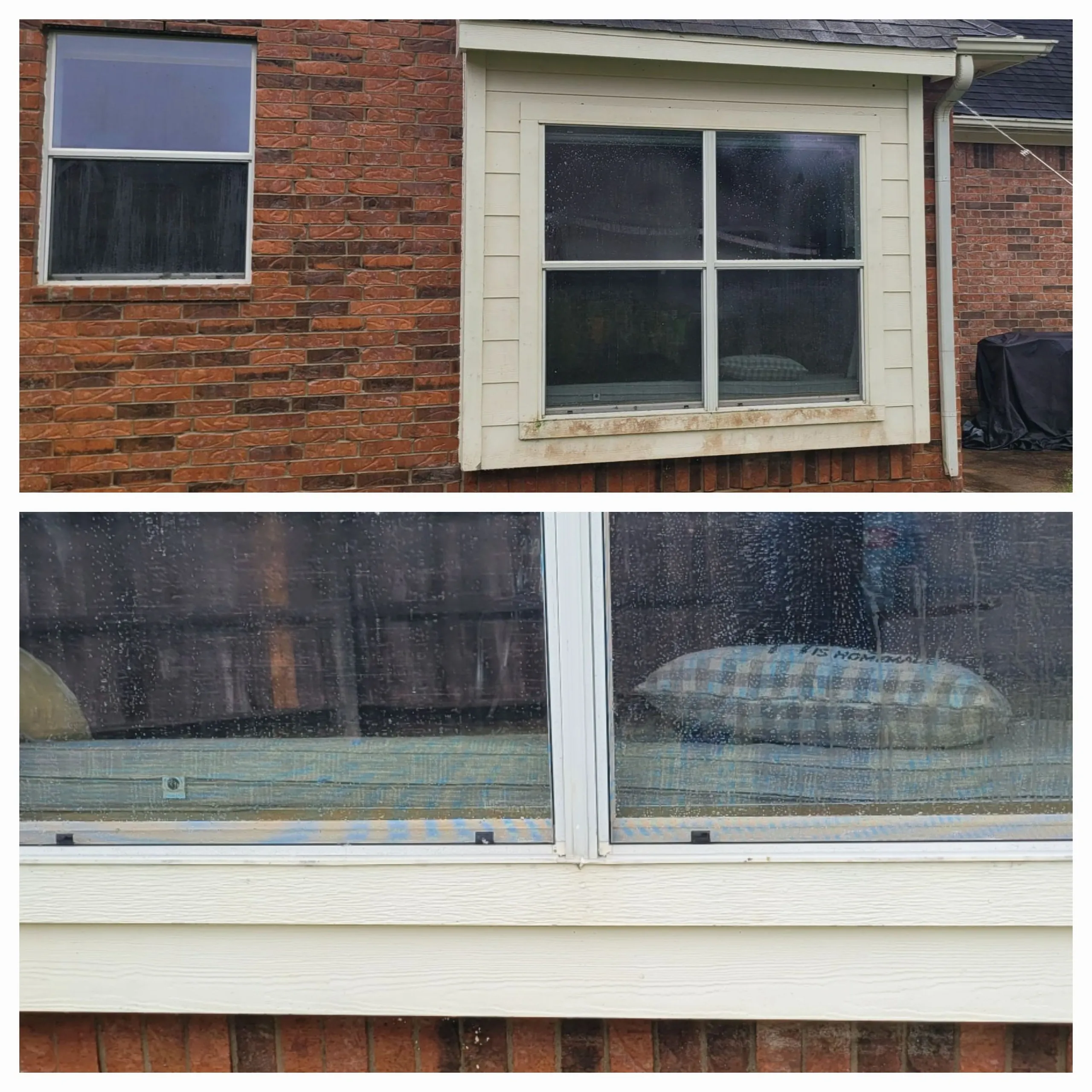 A split image showing a before and after view of a backyard patio. The top image displays two windows on a brick house, one with a covered outdoor item, and the bottom image provides a closer view of the window sill and reflects the exterior, showing a pillow on a mat and what appears to be a fence. Both images show a similar outdoor setting, with the implication that the bottom image is a result of cleaning or modification.