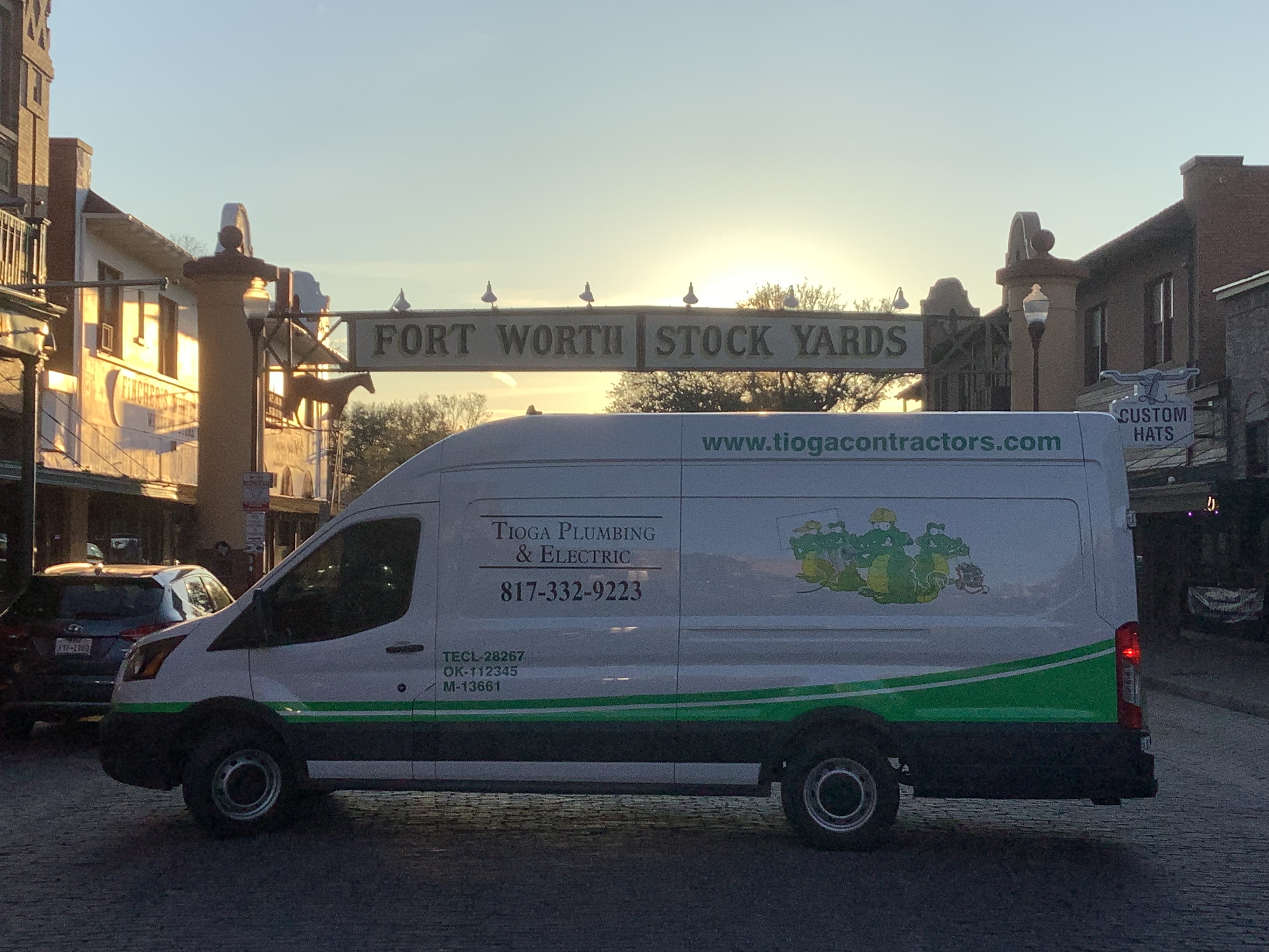 One of the Tioga Plumbing & Drain service vans at the Fort Worth Stock Yards in Fort Worth Texas.