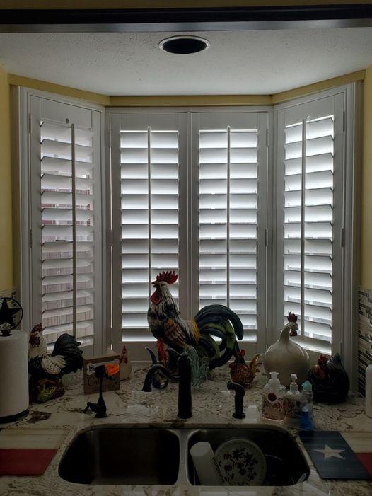 Curtains behind this sink would mean less space for this awesome collection of chickens! Maybe that’s why these Sugar Land homeowners went with our Composite Shutters! #BudgetBlindsKatySugarLand #SugarLandTX #CompositeShutters #MoistureResistantShutters #FreeConsultation #WindowWednesday
