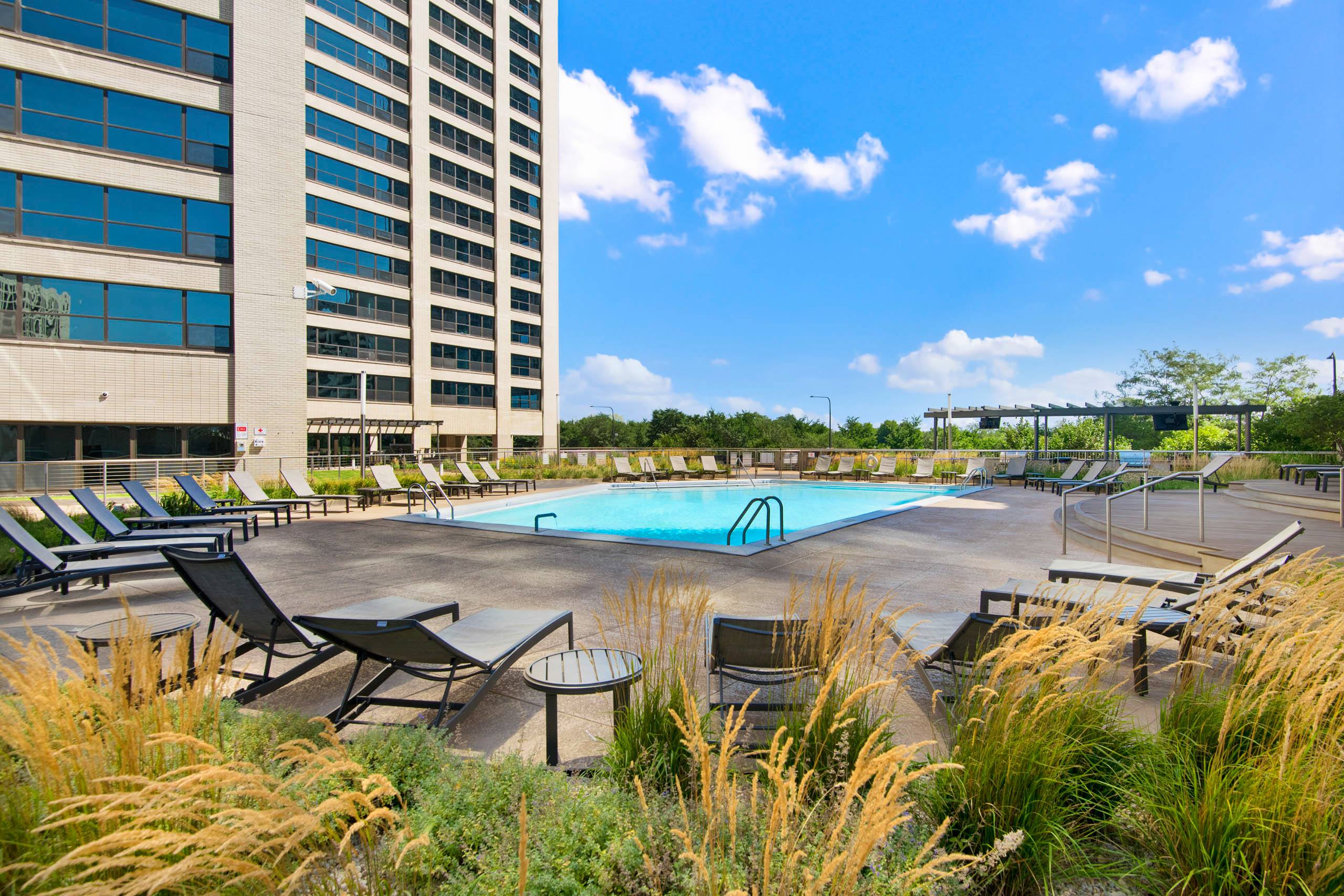 Rooftop pool deck with lounge chairs and ornamental grasses 