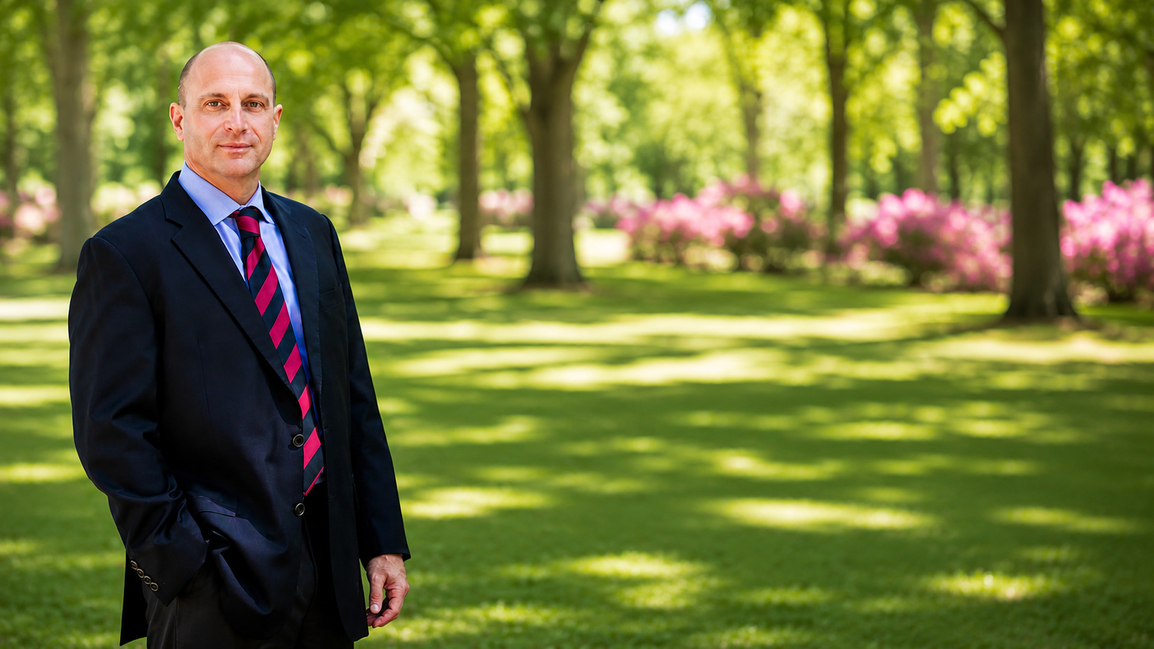 A bald man in a dark navy suit, light blue shirt, and red-and-navy striped tie stands with one hand in his pocket, outdoors in a sunlit park with blooming pink azaleas.