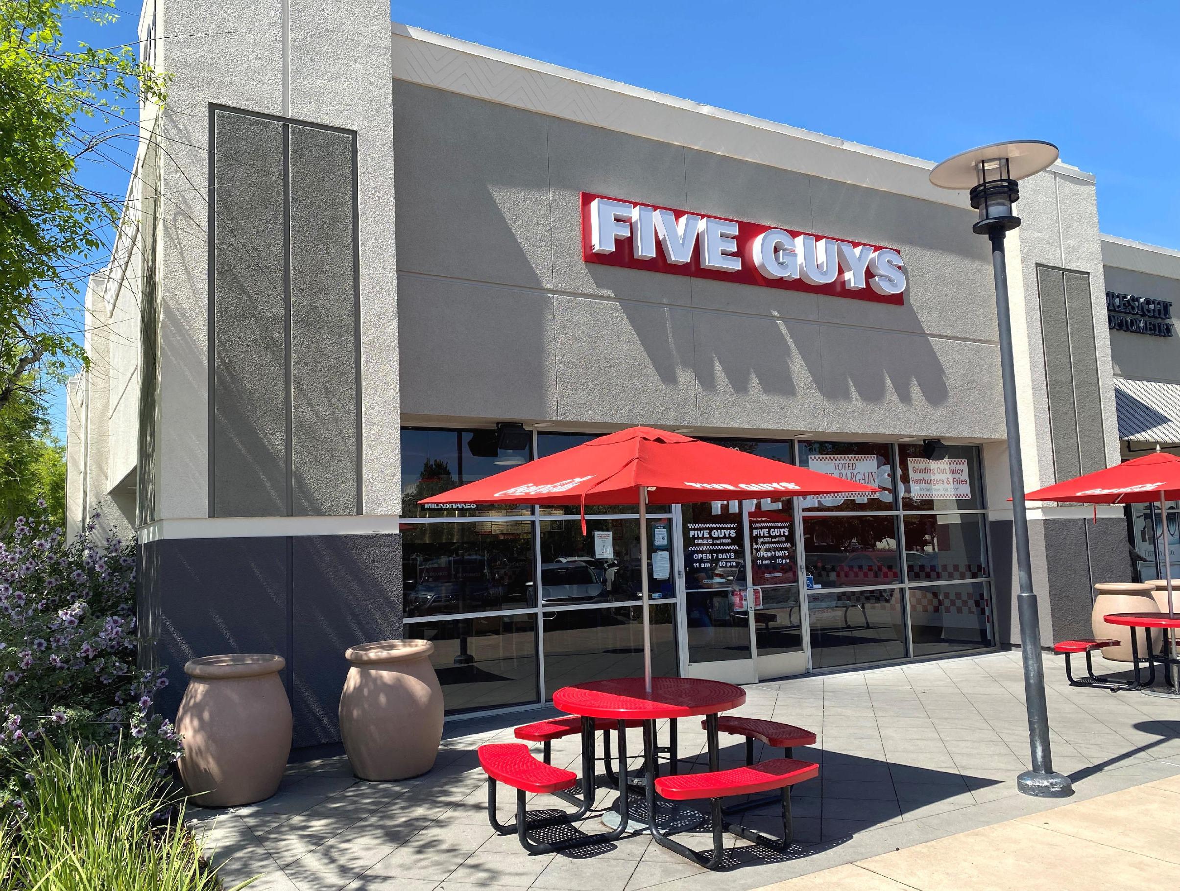 Exterior photograph of the Five Guys restaurant at 121 Curtner Avenue in San Jose, California.