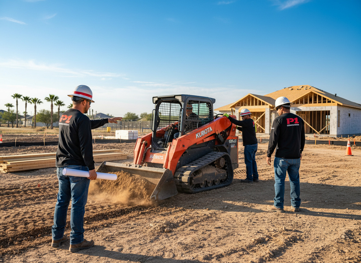 Construction professionals coordinate site grading using a skid steer loader before foundation work begins, ensuring proper elevation, soil preparation, and efficient progress for residential home construction projects.