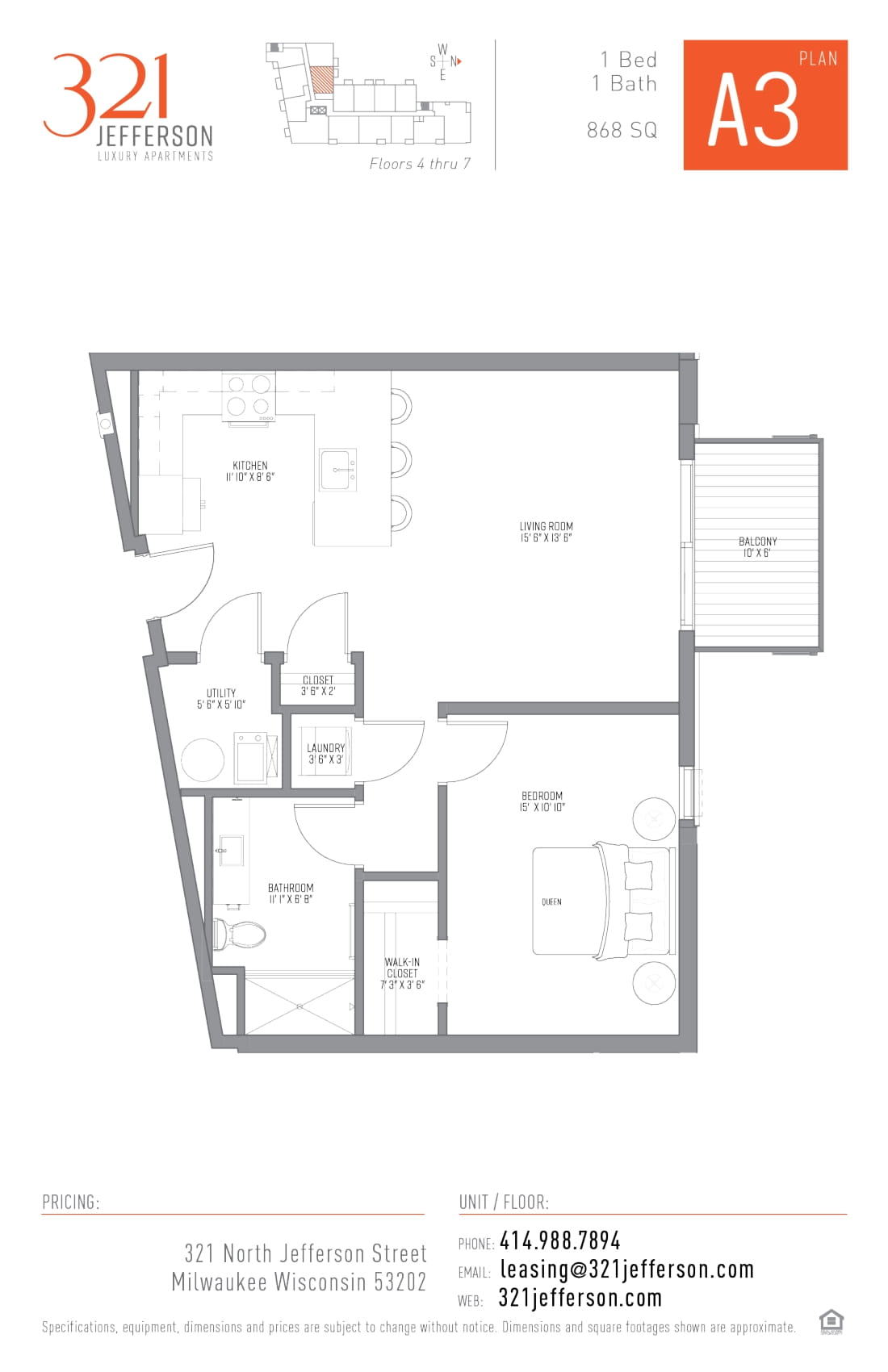 321 Jefferson One Bedroom Floor Plan A3 868 Sq Ft