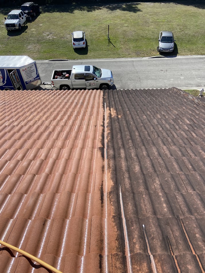 Before and after tile roof soft washing by R & R Elite Pressure Washing LLC in Kissimmee, FL. Our low-pressure cleaning process removes black streaks, algae, mold, and mildew without using damaging high pressure.