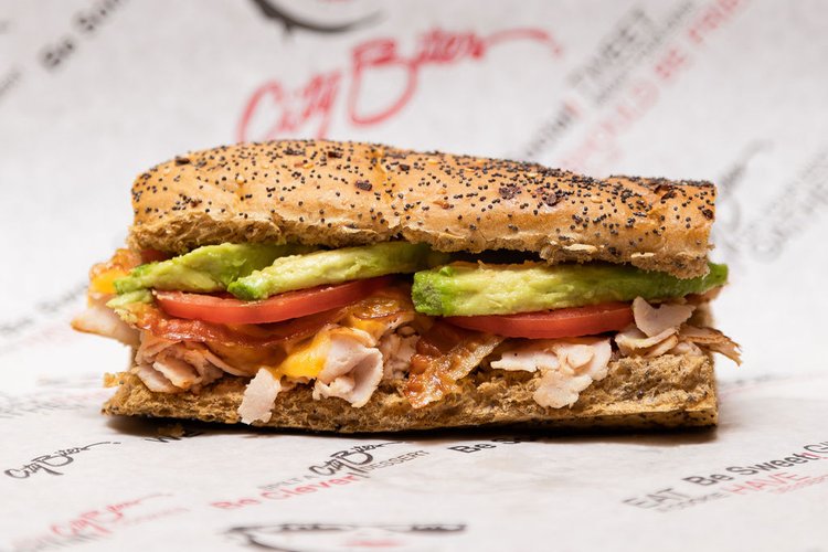 Grilled turkey breast, bacon, melted marble jack, avocado, tomatoes, City Bites' ranch dressing, salt & pepper.