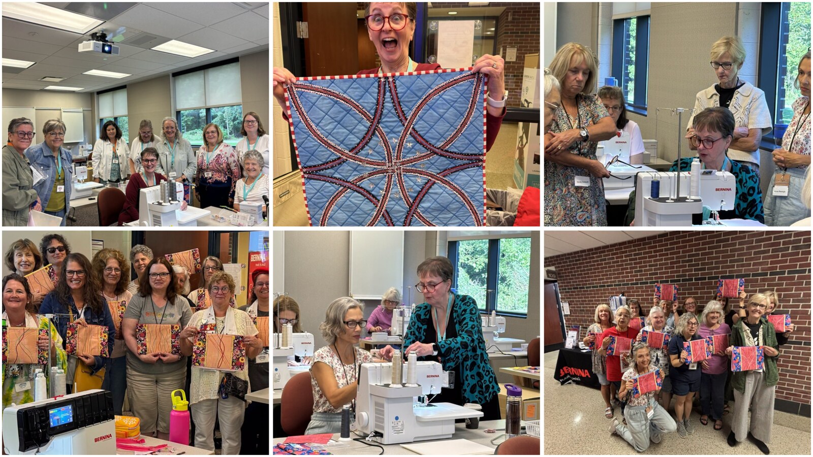 Sewing enthusiasts practice decorative stitching techniques and create colorful quilted projects during a hands-on workshop using Bernina sewing machines.