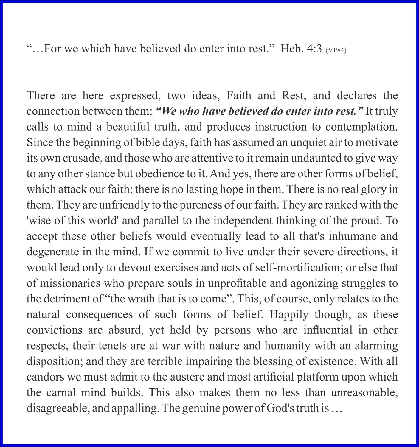 A page of text, likely from a book or religious document, with a Bible verse quoted at the top. The text discusses faith, rest, and different forms of belief.