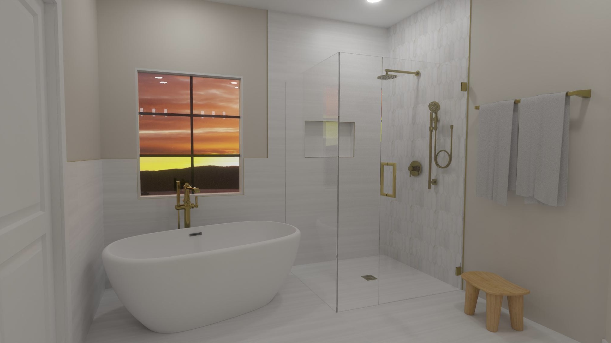 Bring your dream bathroom to life with a custom 3D rendering by Ledezma Remodeling! This elegant design features a freestanding bathtub, a luxurious glass-enclosed shower, and stylish gold fixtures for a sophisticated touch. Whether you're planning a complete bathroom remodel or a high-end shower remodeling project, Ledezma Remodeling ensures every detail is perfected before construction begins. Let’s start your home renovation journey today!