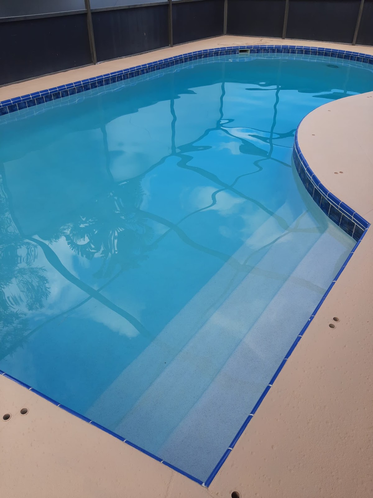Close-up of a residential swimming pool with built-in entry steps, bright blue water, decorative tile, and light-colored coping.
