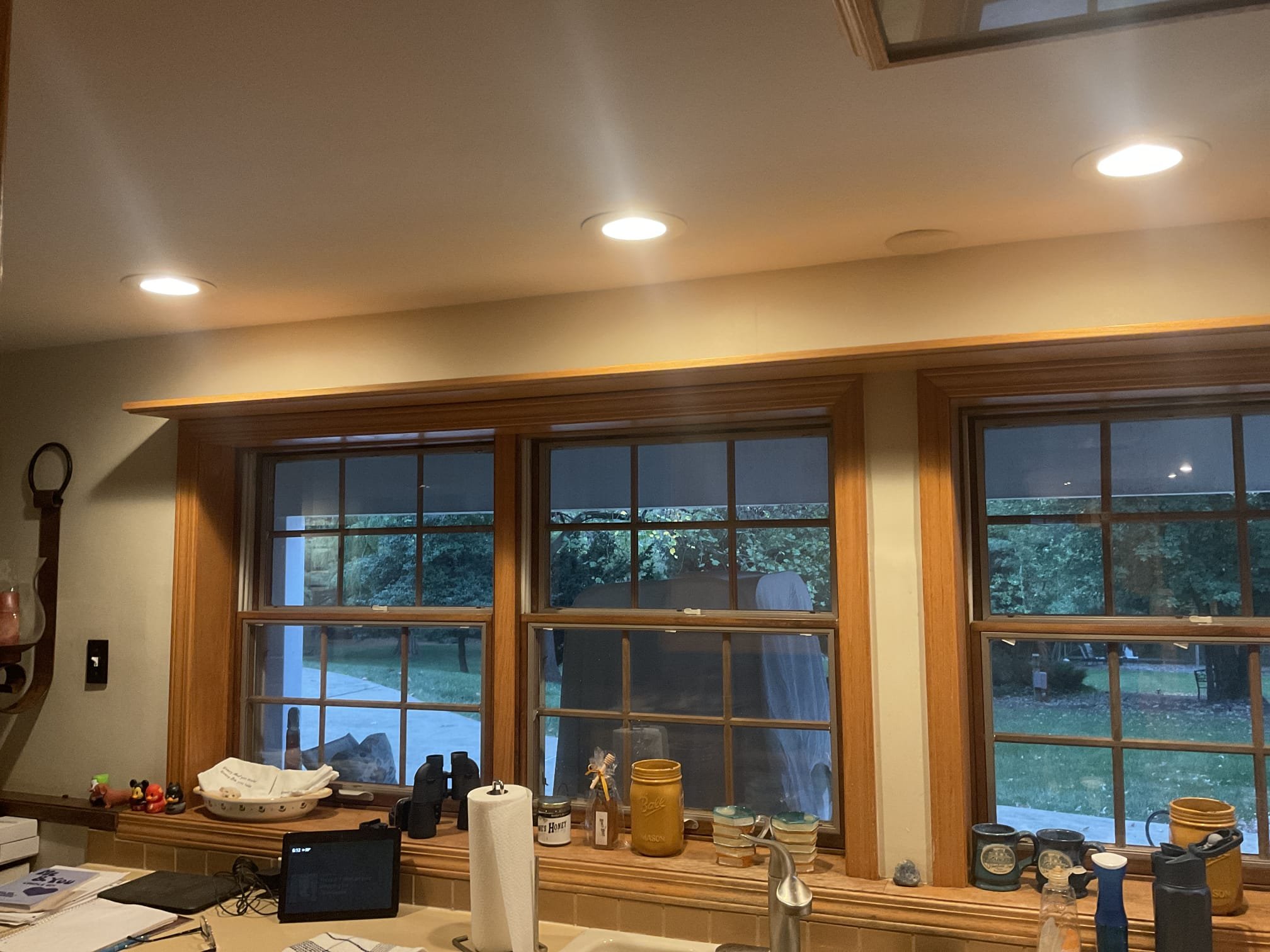 Thomas Edison Electric installed LED recessed lighting above the kitchen counter area of a Norristown, PA home. The evenly spaced can lights provide warm, functional task lighting ideal for food prep and everyday use.