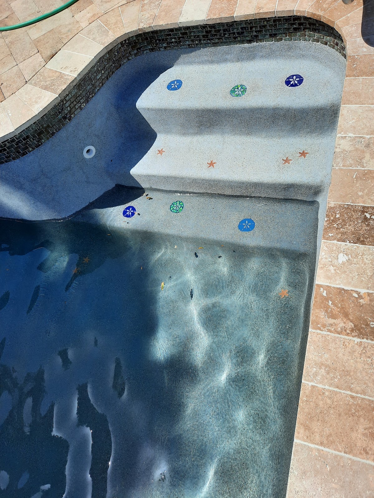 Close-up of residential pool entry steps with decorative tile accents, clear water, and light stone paver decking.