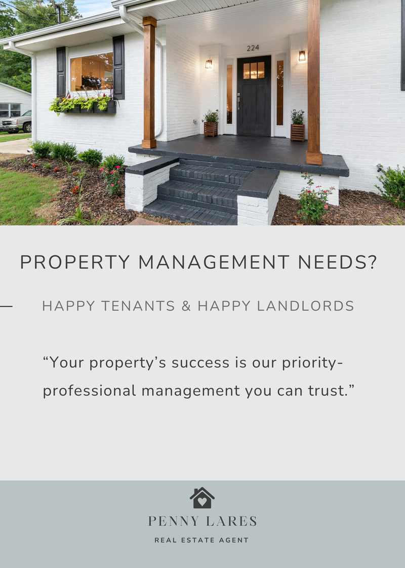 A modern house entrance with a black door and white brick walls, accompanied by marketing text for property management services. The text mentions "PROPERTY MANAGEMENT NEEDS?", "HAPPY TENANTS & HAPPY LANDLORDS", and a quote about property success and professional management. A logo for "PENNY LARES REAL ESTATE AGENT" is at the bottom.