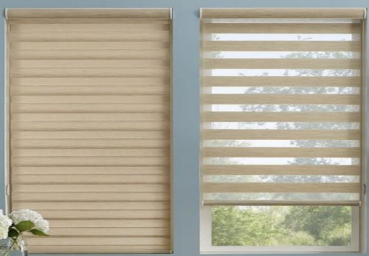 Transition from sheer to privacy with Dual Shades, also known as Zebra Shades. Dual Shades are a favorite at Budget Blinds of Rockwall, Terrell, and Greenvile for their utility and design.