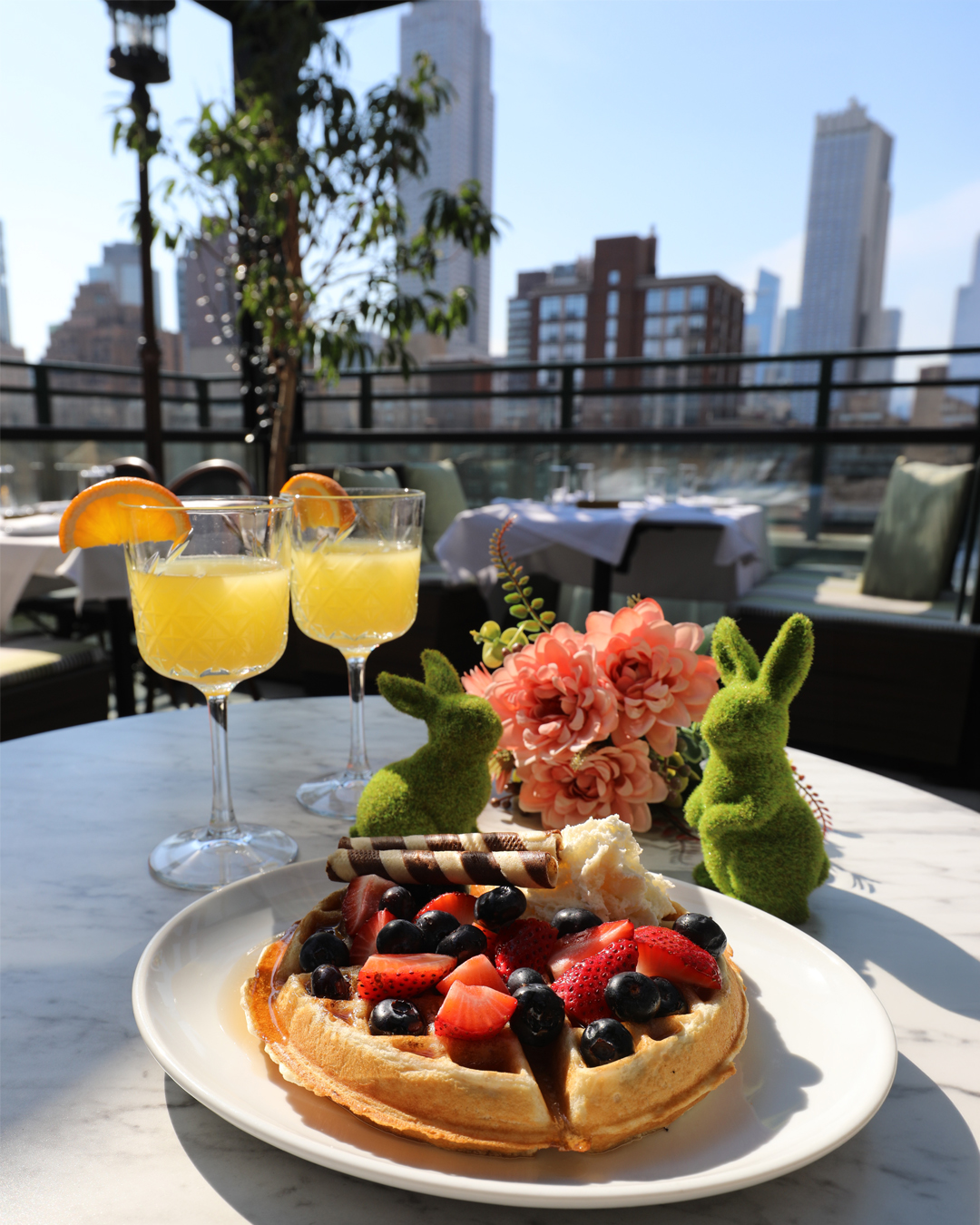 Mimosas and waffles at Vintage Green Rooftop.