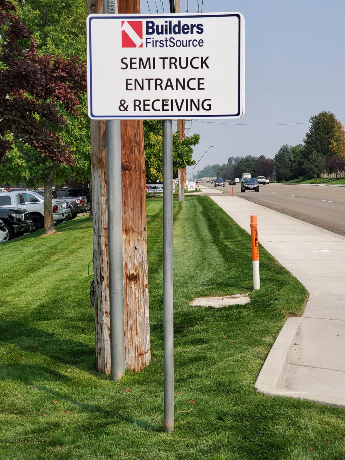 Builders FirstSource truck entrance and receiving sign in Boise ID.