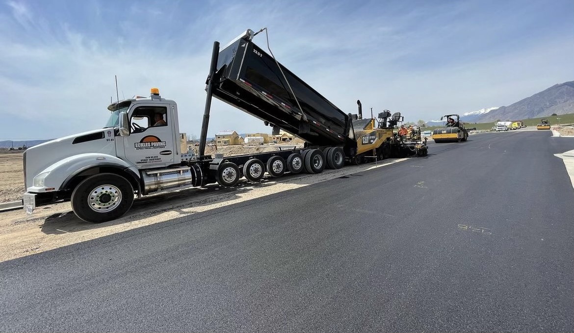 Eckles Paving equipment and crew completing asphalt paving project in Cache Valley Utah