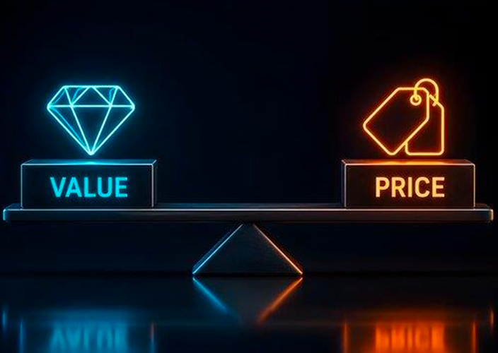 Balancing scale in a neon effect comparing value vs. price