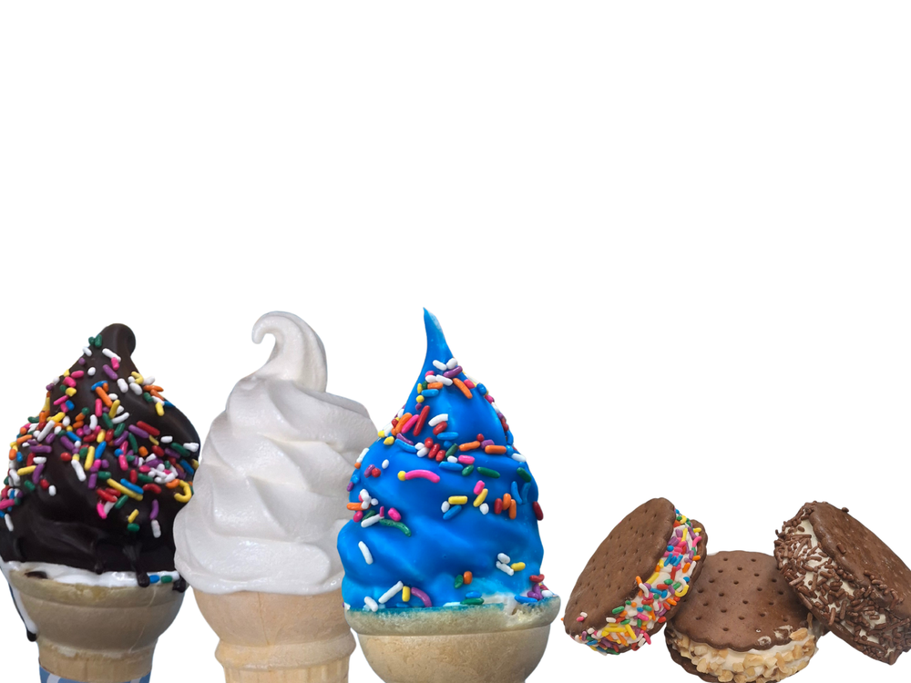 Assorted frozen treats including soft serve ice cream cones in chocolate, vanilla, and blue coating with colorful sprinkles, alongside ice cream sandwiches. The vibrant selection highlights variety, sweetness, and fun dessert options perfect for enjoying refreshing, indulgent treats.