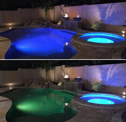 Illuminate your pool at night with various color pool lighting No Limit Pools & Spas Mesa (602)421-9379