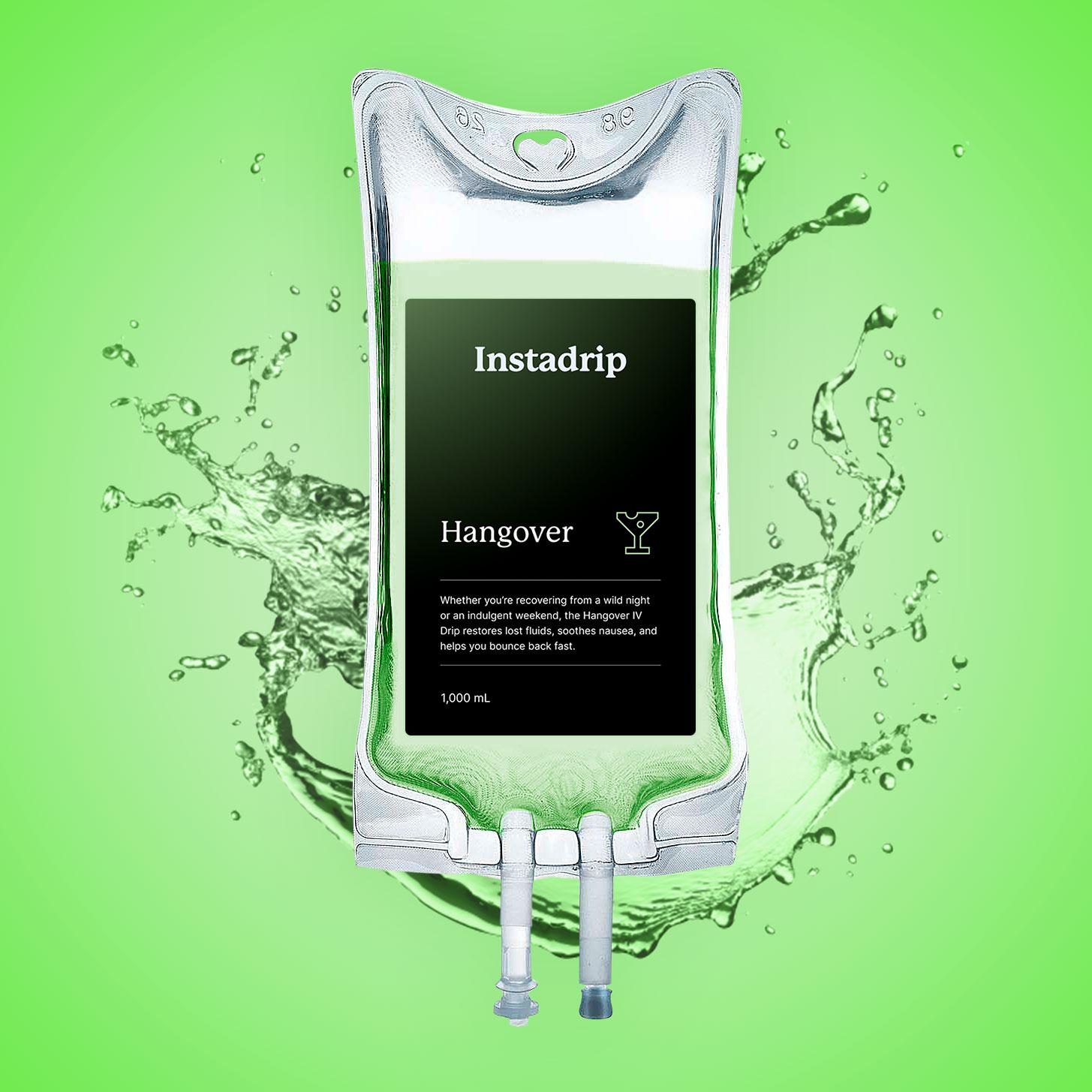 Instadrip Hangover IV therapy bag for fast hydration, nausea relief, and recovery.