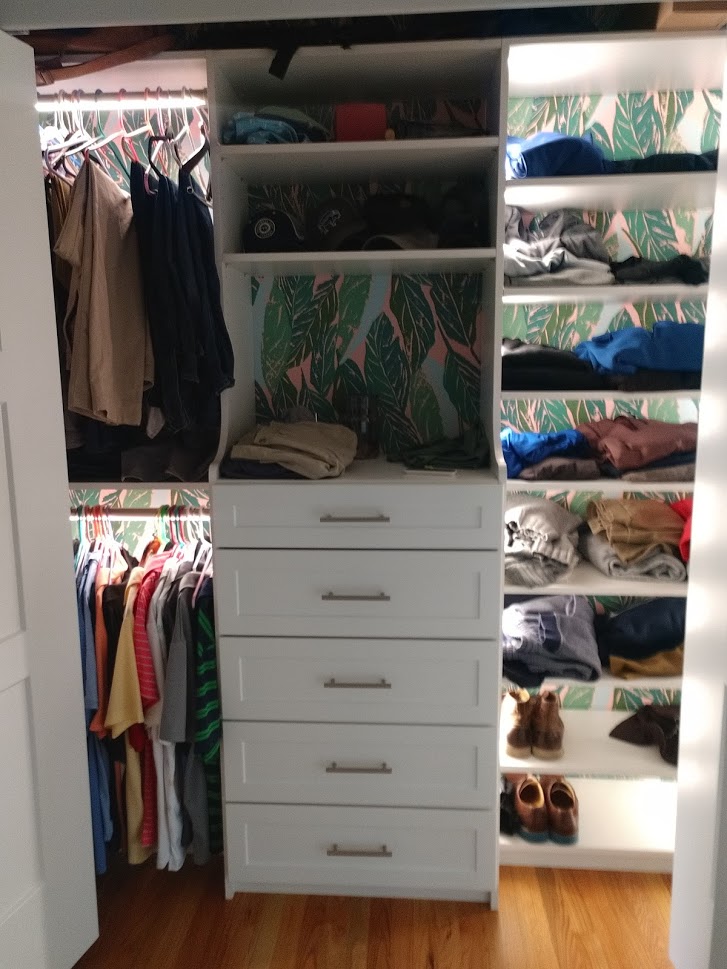 Custom reach in closet with maple finish drawer boxes, custom drawer box faces, recessed LED lights and LED closet rod lights all dimmable and remote control.  In Boalsburg, PA