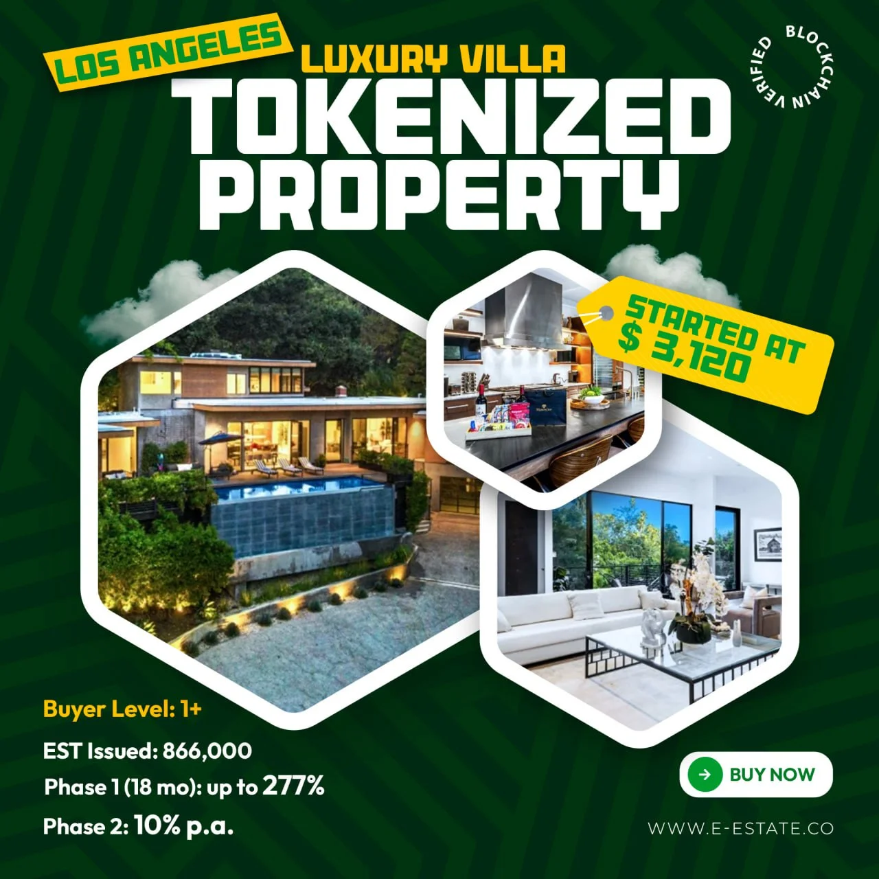 A graphic advertisement for a luxury villa in Los Angeles, highlighting its tokenized property statu 