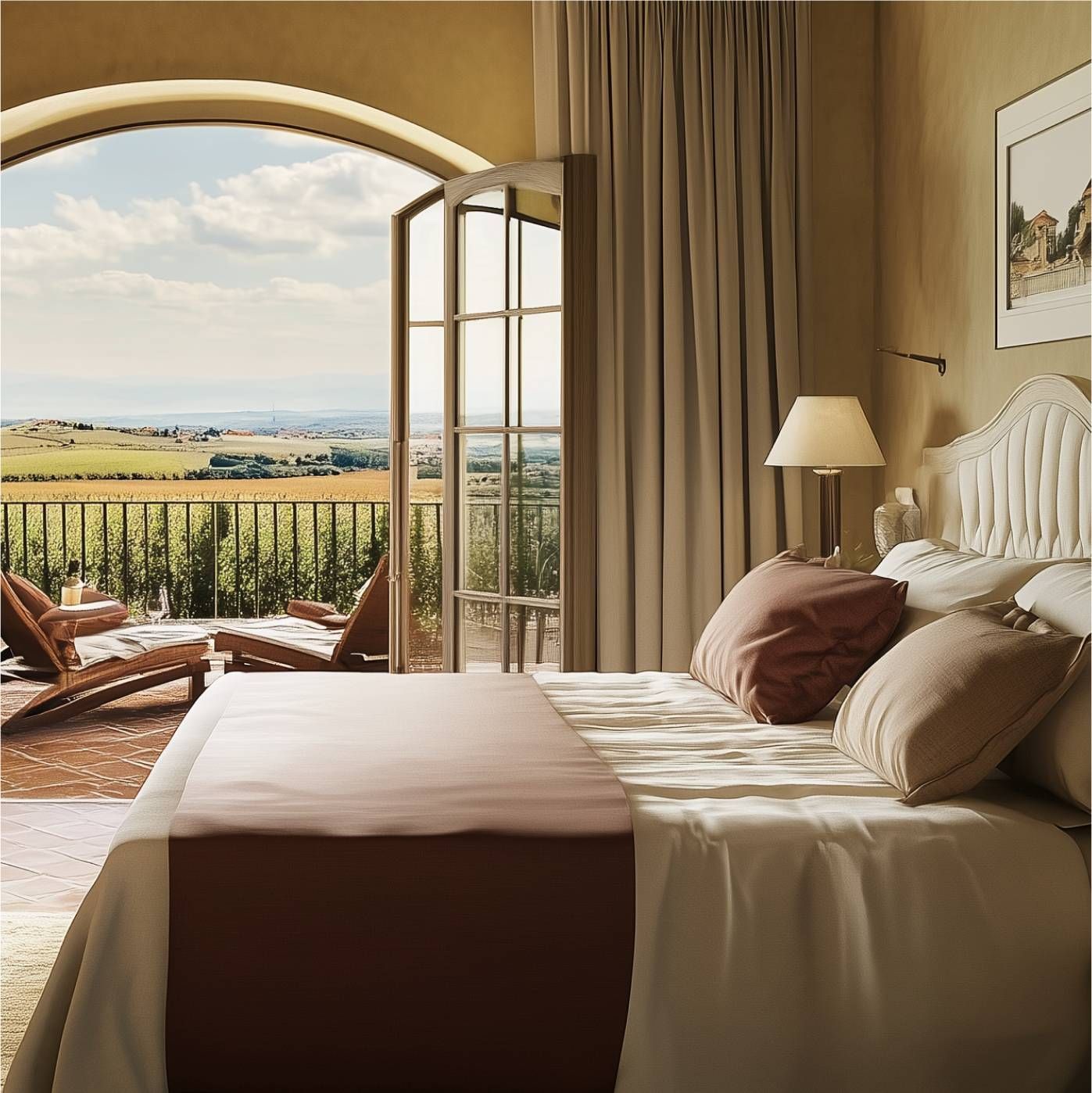 Elegant luxury bedroom featuring large arched glass doors opening to a scenic countryside balcony view. The interior highlights natural lighting, sophisticated architecture, comfortable furnishings, and premium residential design focused on relaxation, openness, and modern upscale living spaces.