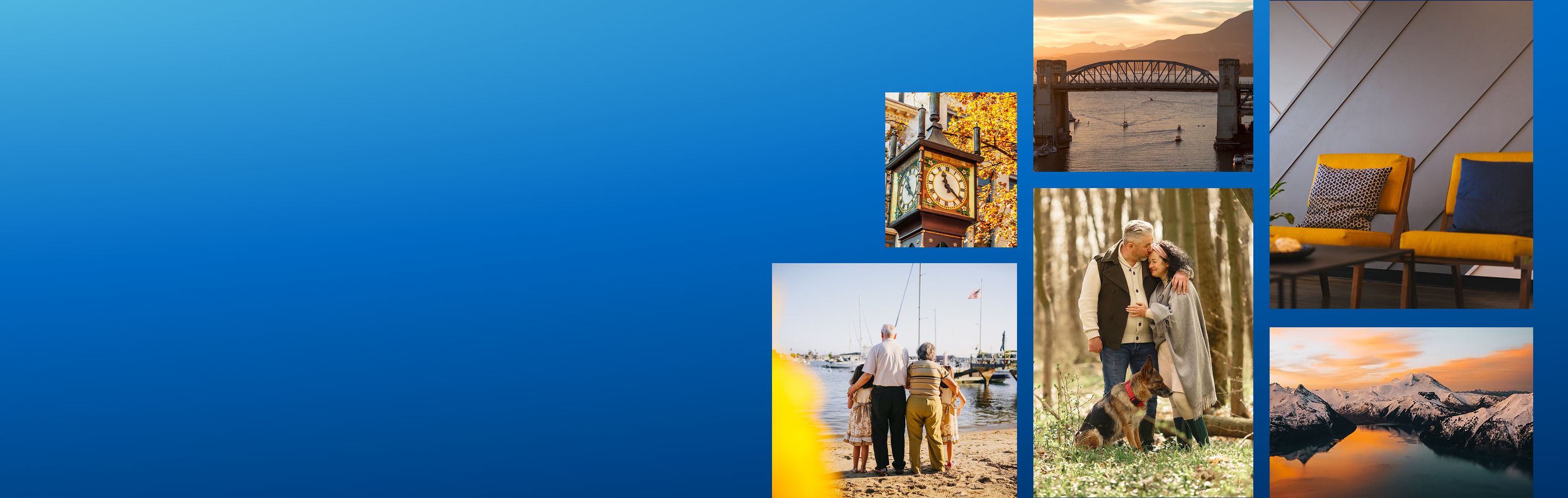 Collage of photos including a couple embracing in the forest, a stunning snow-capped mountain range and alpine lake, the sun setting over a bridge, a family standing on the beach, and a clocktower.