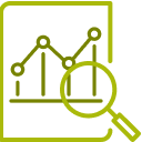Magnifying glass over graph icon.