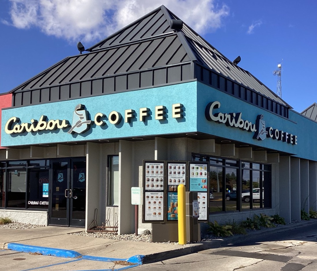 Storefront of the Caribou Coffee at 2400 South Washington Street in Grand Forks