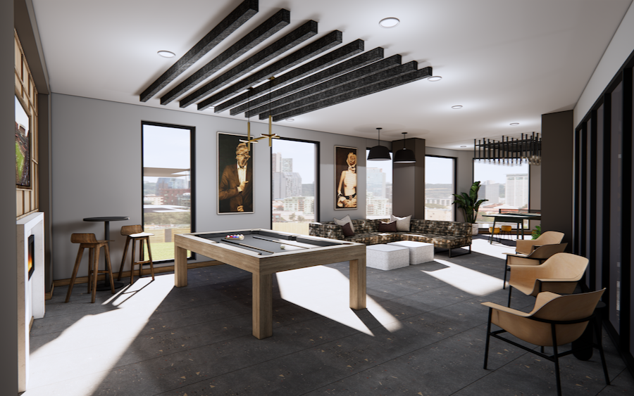 Renderings of Game room with pool table.