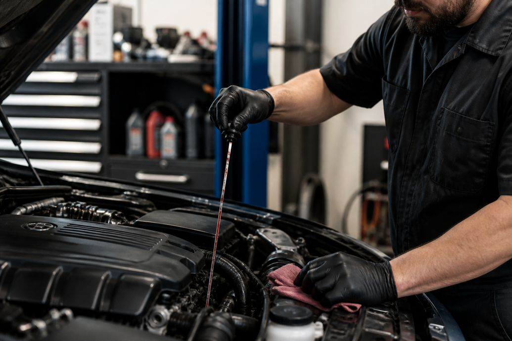 Technician checking engine oil levels with a dipstick during routine maintenance. Regular fluid inspections help identify potential issues, protect engine components, and extend vehicle lifespan and performance.