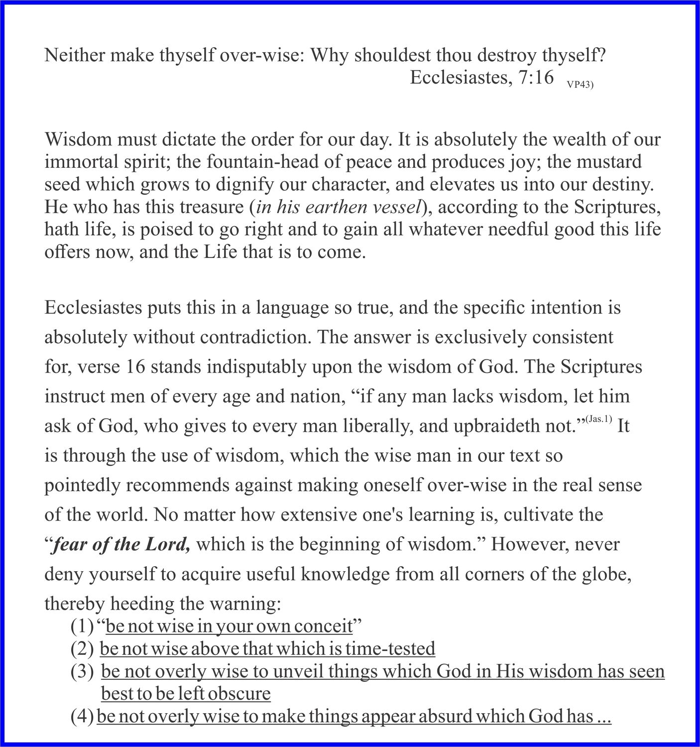 The image displays text from a religious scripture, likely the Bible, specifically the book of Ecclesiastes. The text is presented in English and discusses the nature of wisdom, cautioning against excessive self-wisdom and emphasizing the fear of the Lord as the beginning of wisdom. It includes a numbered list of warnings related to wisdom. The text is framed by a blue border.