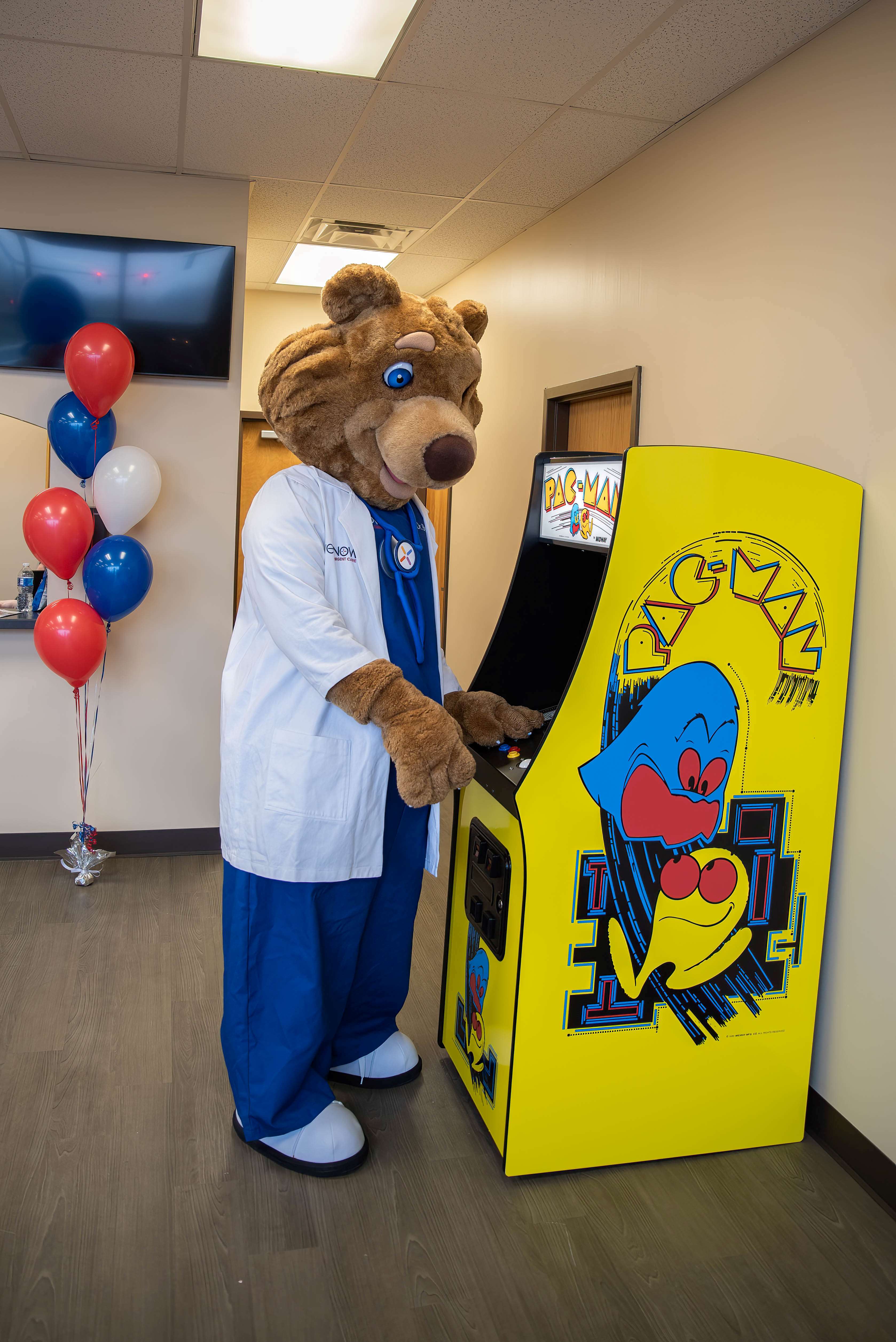 Dr. Bearywell playing his favorite video game Pacman