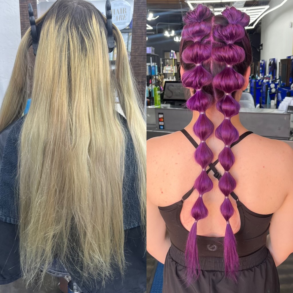 Bold purple hair color paired with a creative bubble braid style. This look highlights detailed styling strong structure and vibrant color payoff.