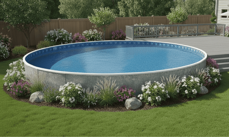 A round Latham above-ground pool with a stone-textured gray exterior wall and a bright blue patterned liner is installed in a well-landscaped residential backyard. The pool is beautifully integrated into the yard with a decorative garden border featuring white and purple flowering shrubs, ornamental grasses, and natural boulders. A wooden privacy fence and an attached gray deck with railings are visible in the background, along with mature trees and a home exterior. The lush green lawn surrounds the pool, creating a clean, resort-like aesthetic.