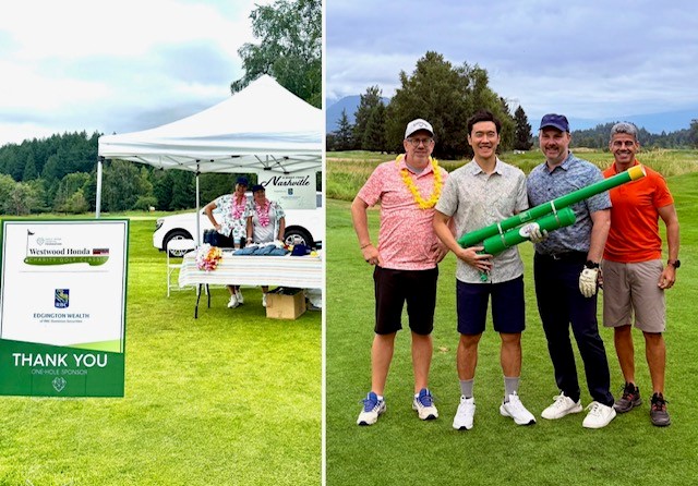 Left: Outdoor event booth with white tent and thank you signage. Right: Five men posing on grass during a golf tournament