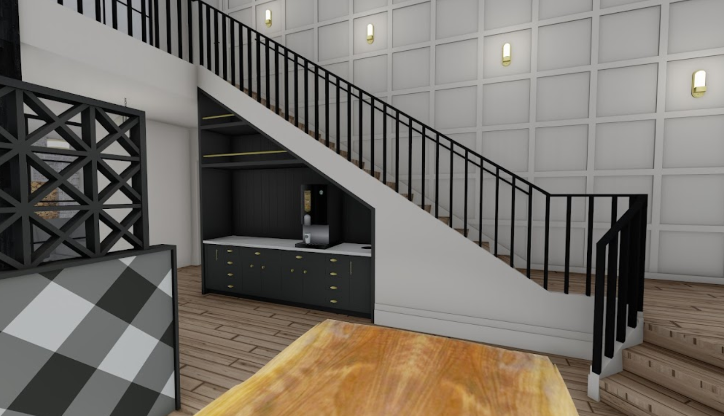 staircase with wooden floor accents