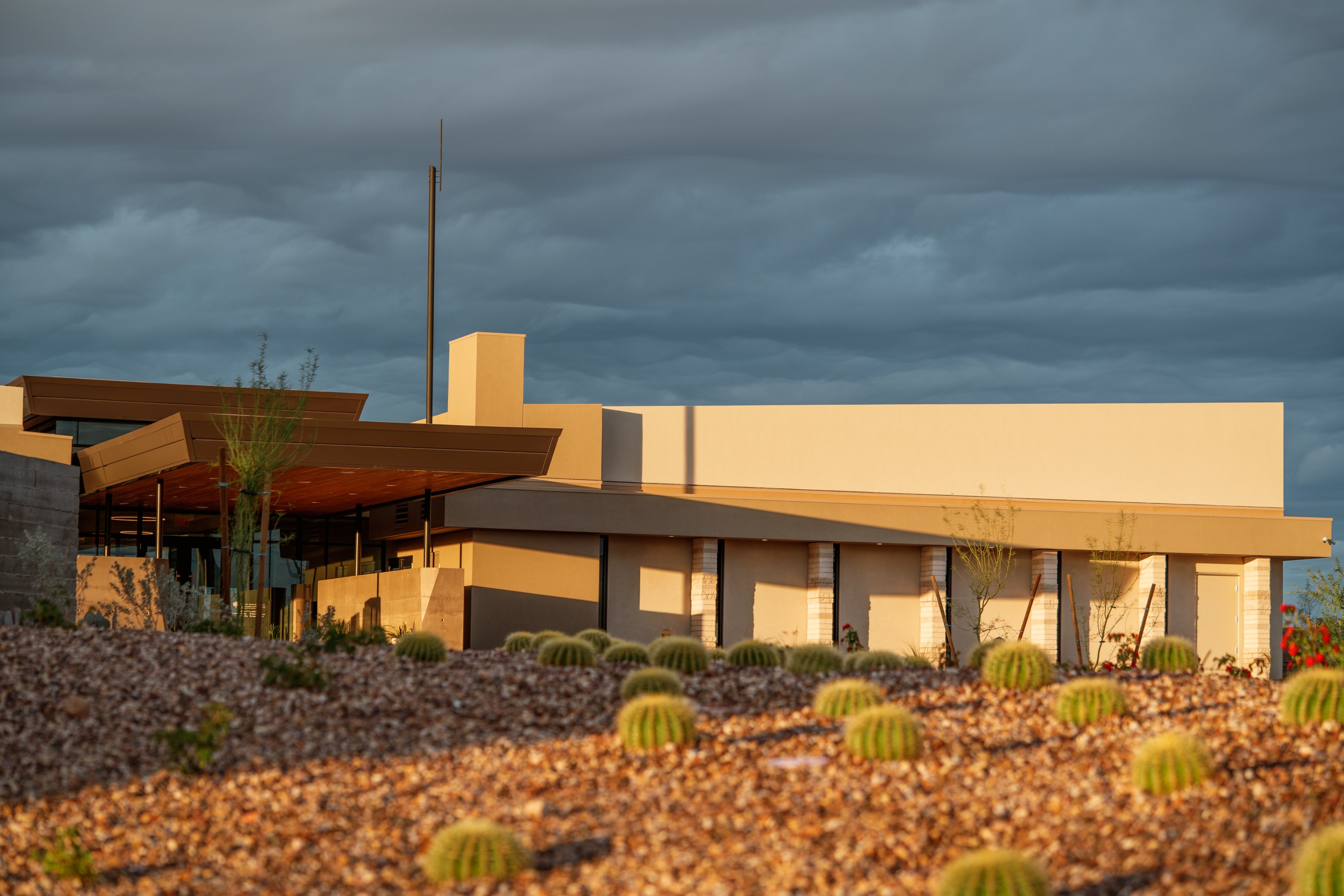 Barrel cactus and desert landscaping along the Gilbert Memorial Park building in late sun.