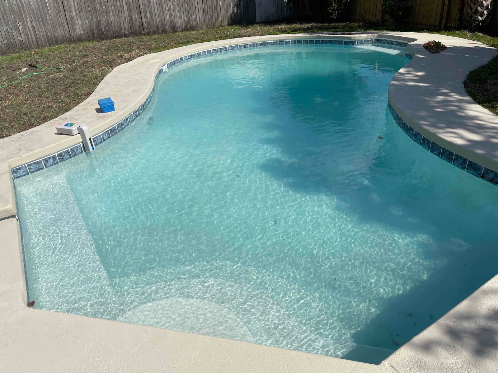 Residential backyard swimming pool with a curved design, shallow entry area, and clean surrounding deck.