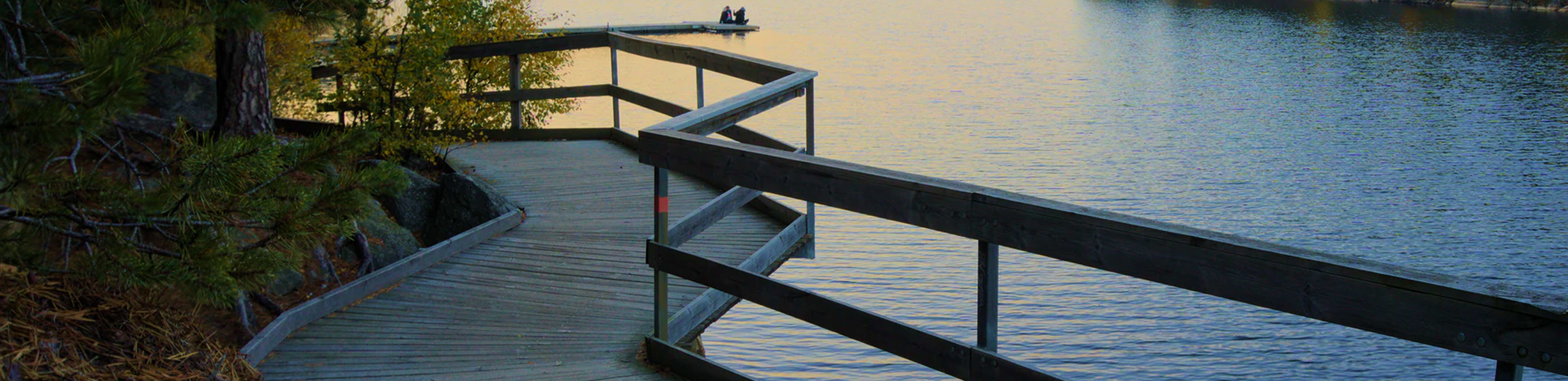 A raised boardwalk by a body of water.
