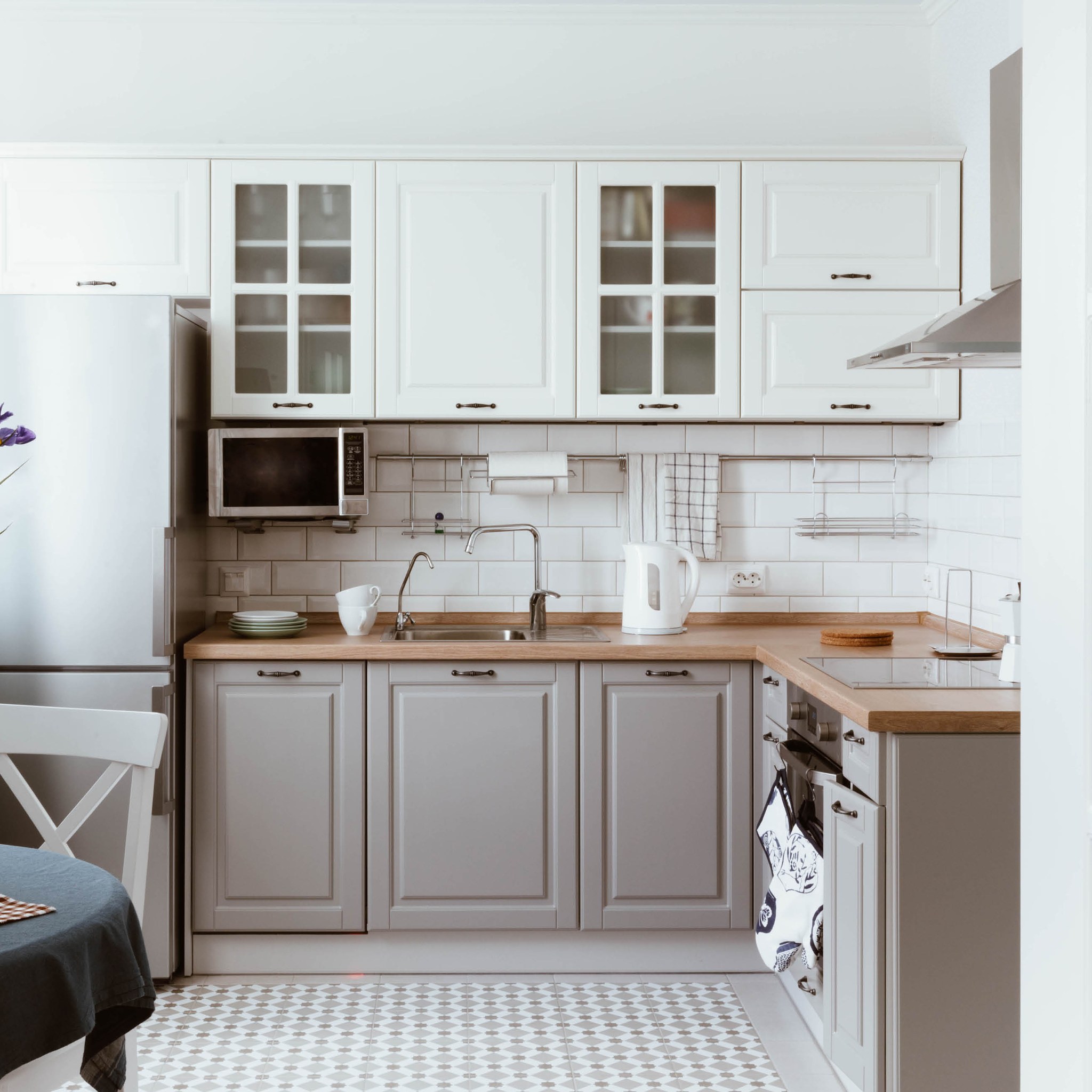 White and gray cabinet painting