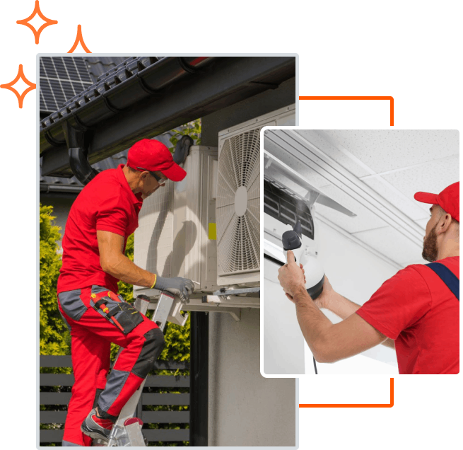 Two technicians in red uniforms are shown working on air conditioning units. The technician on the left is on a ladder, adjusting an outdoor AC unit mounted on a wall. The technician on the right is indoors, spraying a cleaning solution onto an indoor AC unit. Both technicians are wearing red caps and work attire, suggesting they are part of the same company. The image is composed of two inset photos within a larger black background that has orange decorative elements.